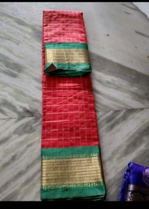 Red Green &amp; Gold Checkered Saree