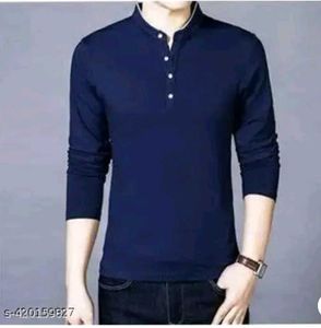 Men Fashion Solid Mandarin Collar Polyester T-Shir