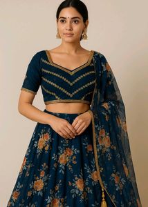 ✨ Elegant Navy Blue Floral Lehenga Set with Golden