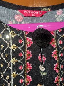 Charcoal Black &amp; Pink Printed Kurta