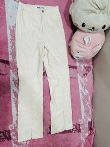 Leather Beige Straight Cutout Pant