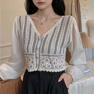 Long-Sleeve V-Neck Crochet Knit Panel Crop Blouse