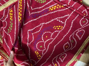 Red Bandhani Saree with Golden Border