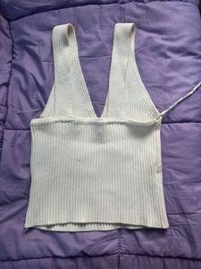 White Ribbed V-Neck Top