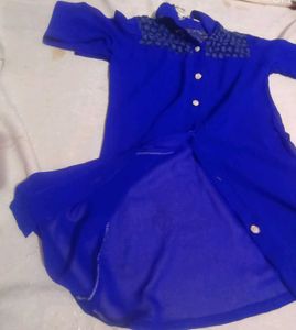 Elegant Long Navy Blue Net Shirt