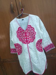 cream pink work kurta set