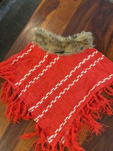 Red Knit Poncho with Faux Fur
