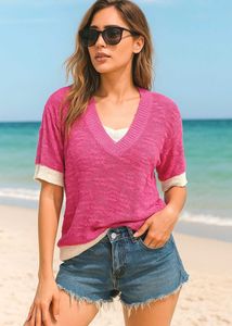 Korean Pink Oversized V-Neck Knit Top B