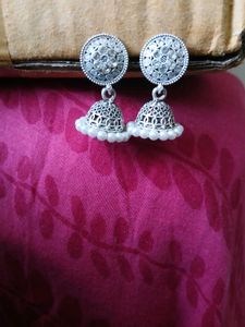 Silver Jhumka Earrings with Pearl Accent