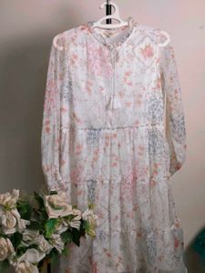 Floral Chiffon Tiered White Dress