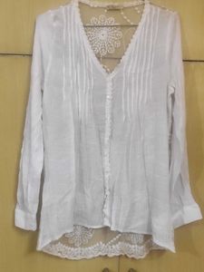 White Floral Lace Trim Button-Up Top