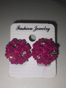 Dark Pink Roses Studs With Golden Stones Work