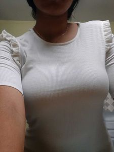 White Ribbed Ruffle Sleeve Top
