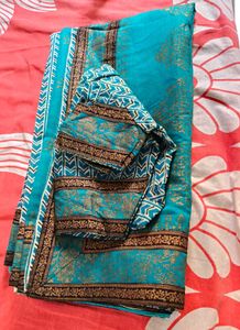 Blue Coloured Golden Foil Printed Saree Wid Blouse
