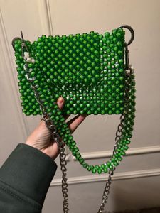 Green Handmade Beaded Bag With Metal Locks And