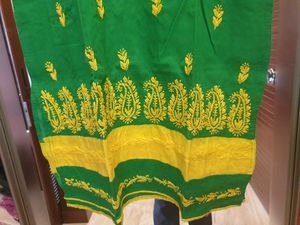 Beautiful green yellow  cotton kurti wth pakistani embroidery