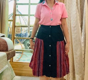 Striped Ethnic Botton Down Skirt With Tags
