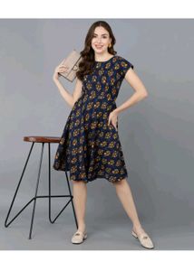 Women Fit &amp; Flare Blue Dress With Belt