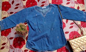 Embroidered Denim Short Kurti