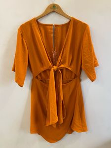 Burnt Orange Front-Tie Tunic Dress