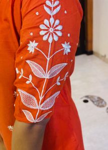 Orange Embroidered Kurti Set