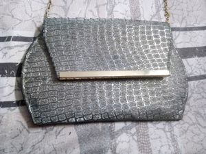 Silver Crocodile Print Clutch