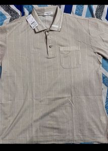 Green Joy Classic Tan colored striped polo shirt