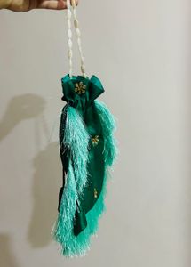Emerald Green Floral Fringe Potli Bag