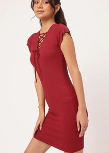 Burgundy Lace-Up Ribbed Bodycon Dress