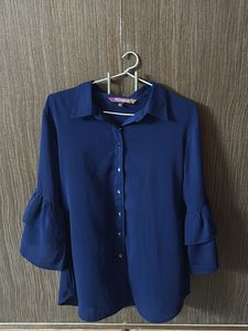 Blue Ruffle Sleeve Blouse