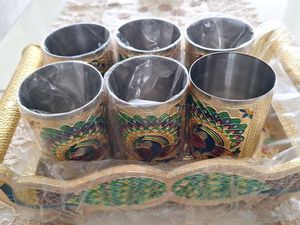 Brand New Steel Glass Set Of 6 With Wooden Tray