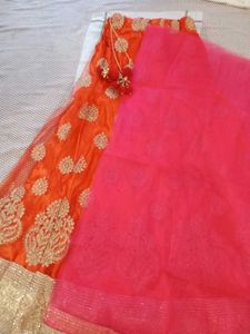 Orange &amp; Gold Embroidered Lehenga Skirt