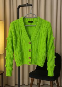 Green Knit Pom-Pom Cardigan