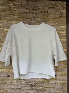 White Textured Crop Tshirt