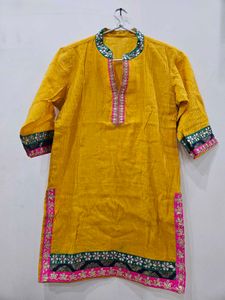 Beautiful Yellow Short Kurti With Gotapatti Work