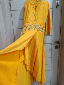 Yellow Embroidered Asymmetrical Kurti