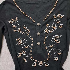 Y2k Black Embellished Long Sleeve Fitted  Top
