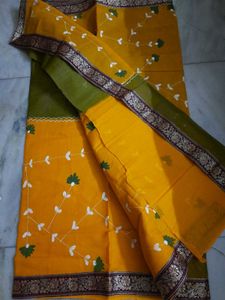 Beautiful Hand Painted Yellow &amp; Olive Green Sari