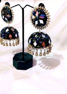 Black Jhumka With Mirror And Bead Work