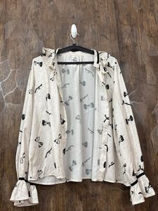 Bow Print Ruffle Korean Top
