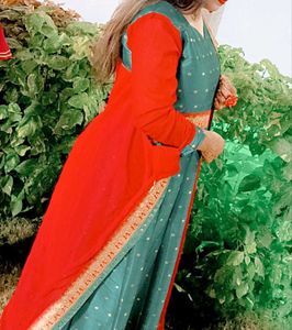 Teal &amp; Red Ethnic Gown With Dupatta