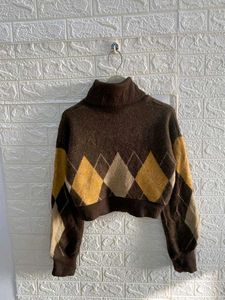 Argyle Turtleneck Cropped Sweater