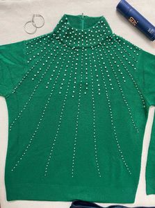 Green Beaded Turtleneck Sweater