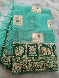 Gorgeous Green &amp; Teal Sari, Without Blouse