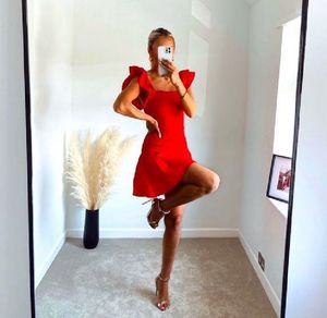 Zara Boho Cotton Bright Red Ruffles Smocked