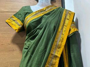 🌿 Elegant Green Cotton Silk Saree with Blouse🌿