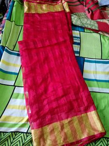 Cotton Red Saree With Golden Border