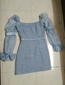 Blue Tweed Mini Dress Sheer Sleeves