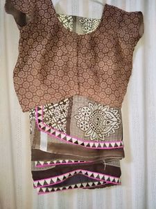 Brown &amp; White Floral Saree with Blouse