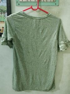🟢Sage Green T-Shirt with Lace Details